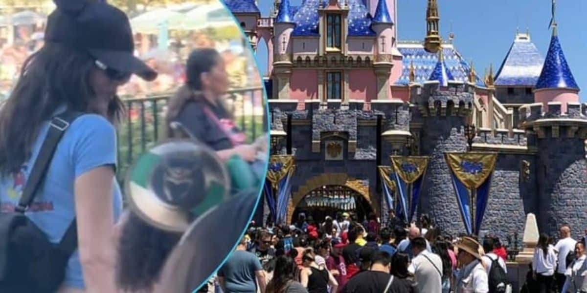 A crowded theme park scene shows people near a pink and blue castle with blue rooftops and turrets. Inset, a person wearing a hat and carrying a backpack walks alongside a child in front of a fence.