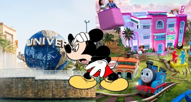 Mickey Mouse stands between Universal Studios’ globe and Mattel Adventure Park concept art