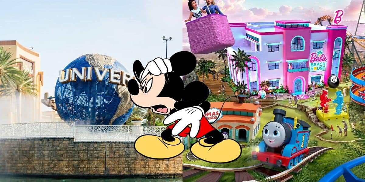 Mickey Mouse stands between Universal Studios’ globe and Mattel Adventure Park concept art