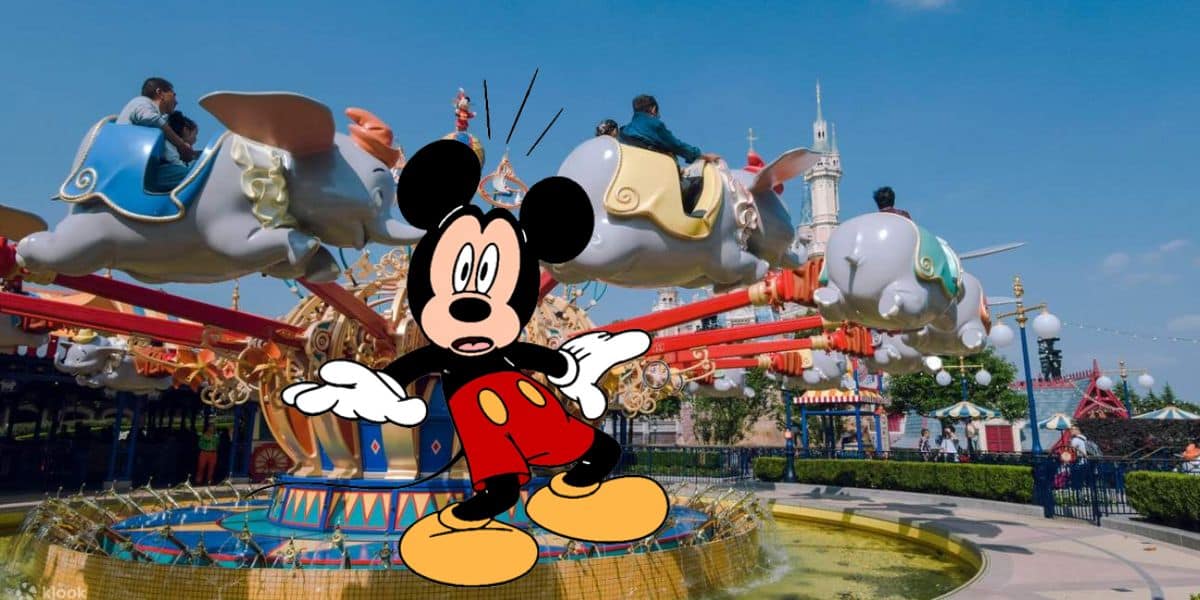 Shocked Mickey Mouse in front of Dumbo the Flying Elephant at Shanghai Disneyland