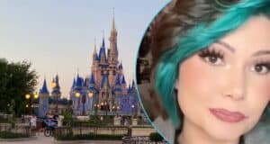 Left: Cinderella Castle at dusk. Right: A former Disney cast member with green and brown hair.