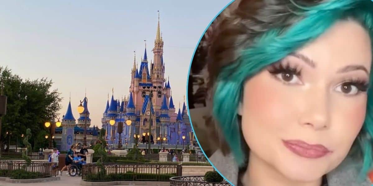 Left: Cinderella Castle at dusk. Right: A former Disney cast member with green and brown hair.