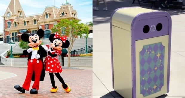 Mickey and Minnie Mouse pose happily in front of a Disney-style building. On the right, a colorful trash can with a purple and green diamond pattern stands on a sunny pavement at Hong Kong Disneyland.