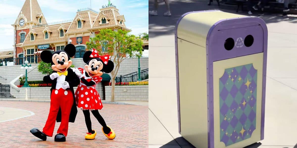 Mickey and Minnie Mouse pose happily in front of a Disney-style building. On the right, a colorful trash can with a purple and green diamond pattern stands on a sunny pavement at Hong Kong Disneyland.