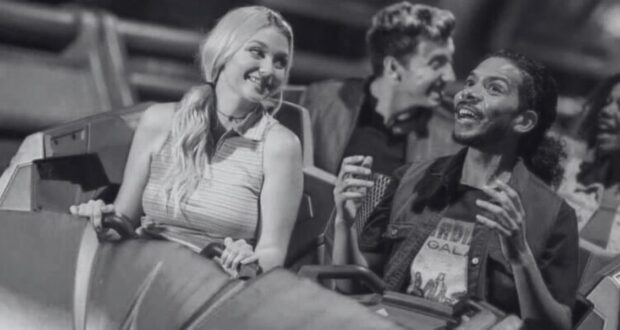 A black and white image of four people on Guardians of the Galaxy: Cosmic Rewind.