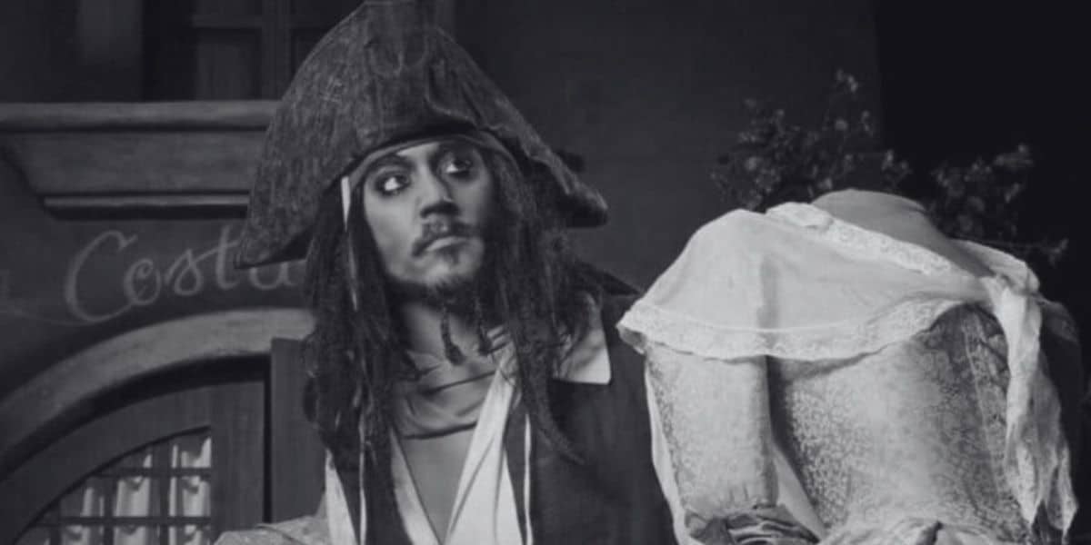 A black & white image of a Jack Sparrow animatronic on the Pirates of the Caribbean ride, one of the Disney rides closing in Paris this summer