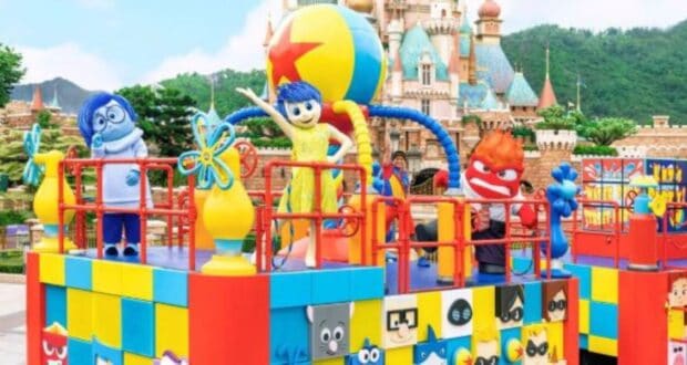 Characters from 'Inside Out' on a parades float at Hong Kong Disneyland