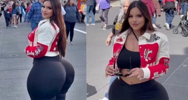 A woman in a red and white jacket and black leggings poses outdoors. In the left image, she is turned slightly to the side, and in the right, she faces forward. People are walking in the background.
