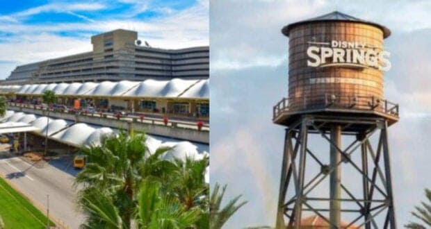 Split image: Left shows a busy airport terminal with palm trees and a clear blue sky. Right depicts a tall water tower with "Disney Springs" written on it, set against a cloudy sky.