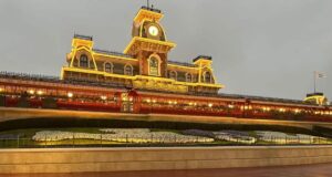 The train station at the entrance to Magic Kingdom Park in the rain.