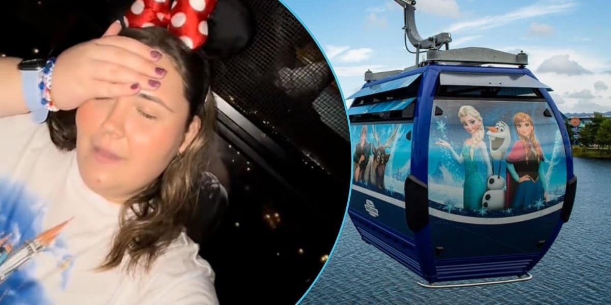 A person wearing Minnie Mouse ears covers their forehead with their hand, standing next to an image of a gondola decorated with characters from "Frozen," featuring Elsa, Anna, and Olaf, hovering above a body of water.