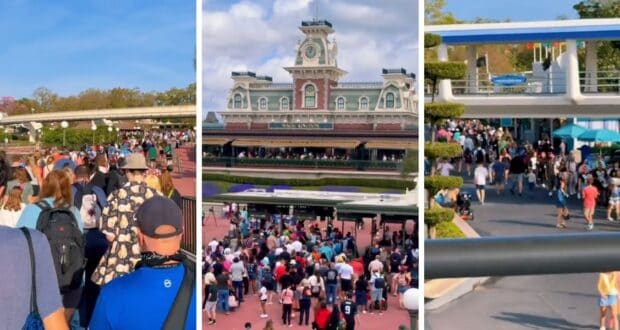 Three-panel collage of crowds in Magic Kingdom Park at Walt Disney World Resort.