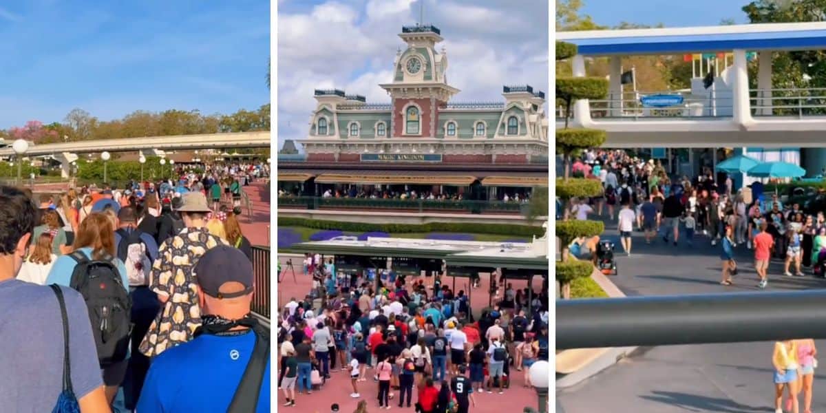 Three-panel collage of crowds in Magic Kingdom Park at Walt Disney World Resort.