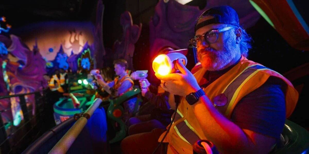 Walt Disney Imagineers testing new astro-blasters on Buzz Lightyear's Space Ranger Spin.