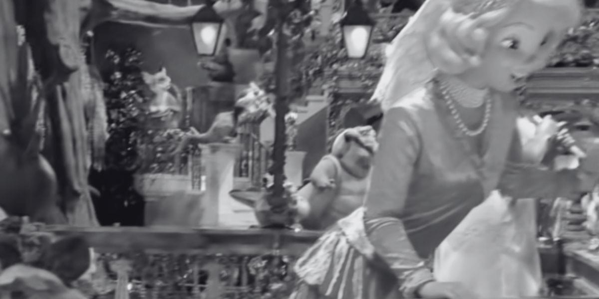 A black-and-white image of the motionless finale scene of Tiana's Bayou Adventure at Disneyland Park.