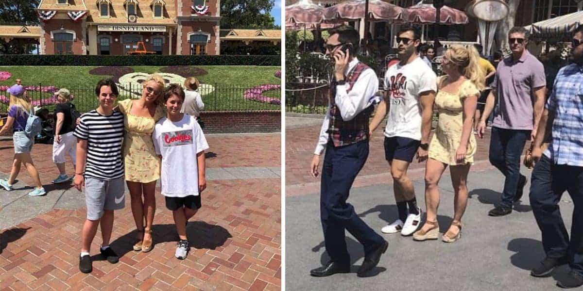 Left: Two people standing and smiling at Disneyland's entrance, with flowers arranged as Mickey Mouse. Right: A group of people walking in Disneyland, including a person in a vest on a phone, and others in casual clothing.