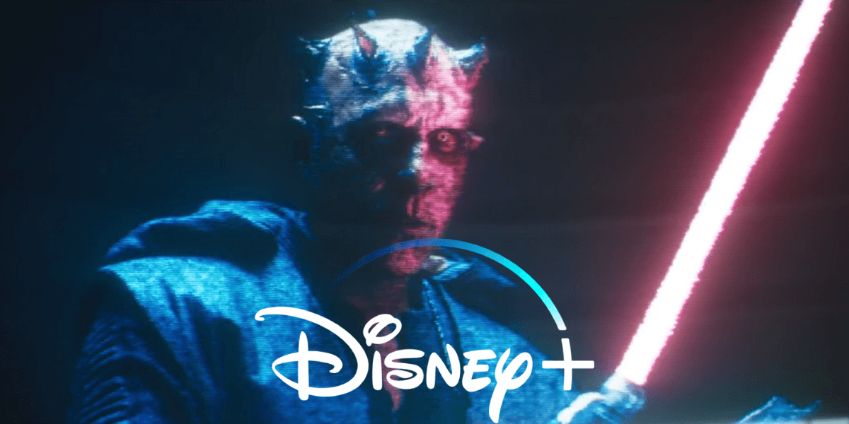 A menacing figure with red and black facial markings, horn-like protrusions on his head, and a glowing red lightsaber stands in the dark. The Disney+ logo is overlaid on the image.
