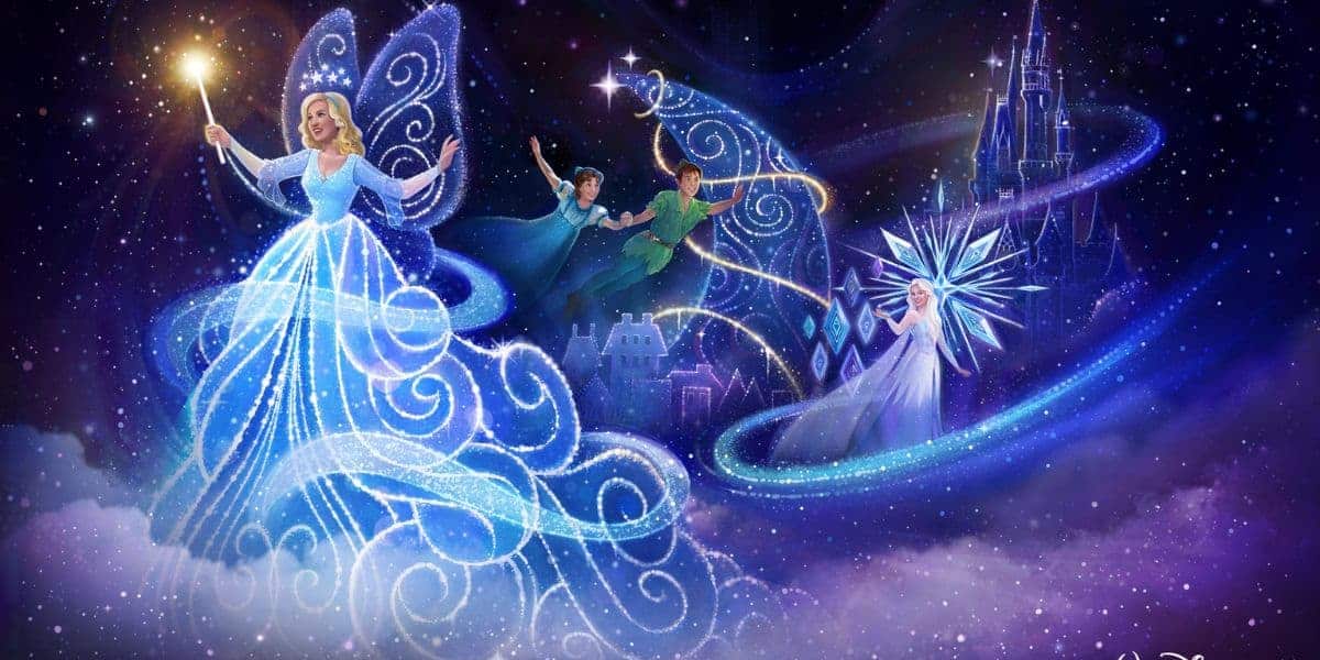 A magical scene with Cinderella's fairy godmother holding a glowing wand, Peter Pan, Wendy, and Tinker Bell flying, and Elsa casting ice magic, all set against a starry sky with a castle in the background.