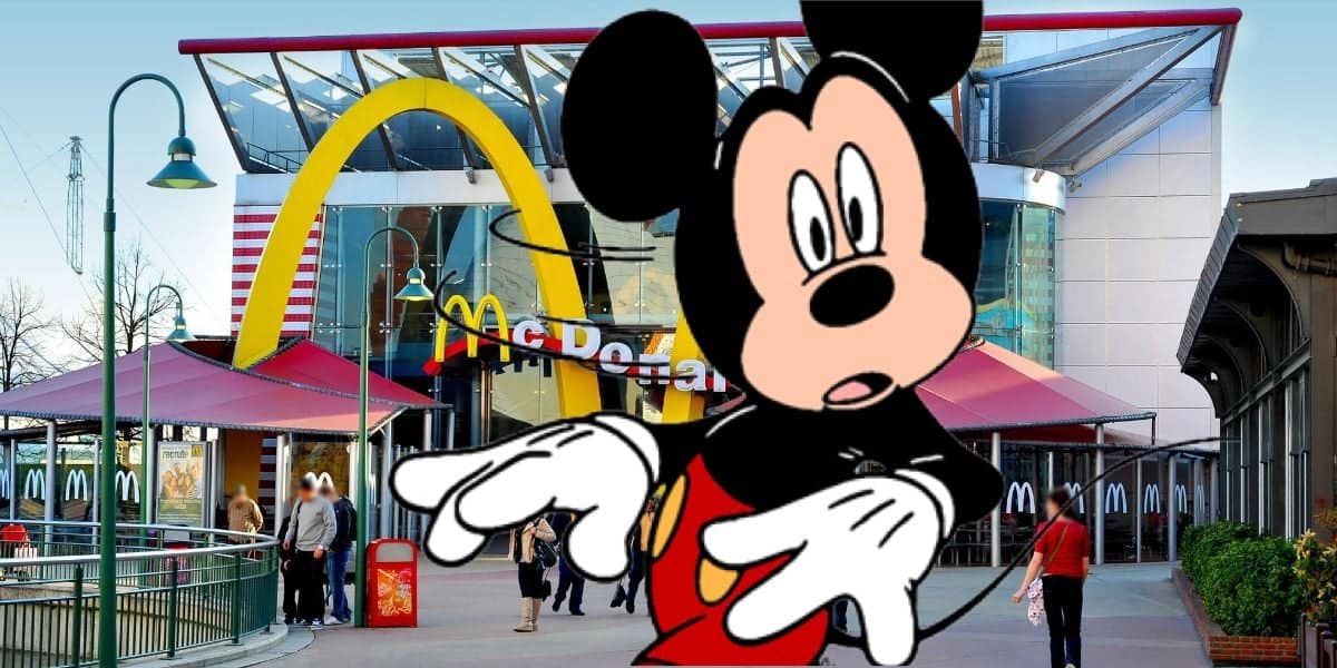 Mickey Mouse shocked in front of McDonald's