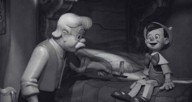 A black & white image of animatronics on Pinocchio's Daring Journey at Disneyland.