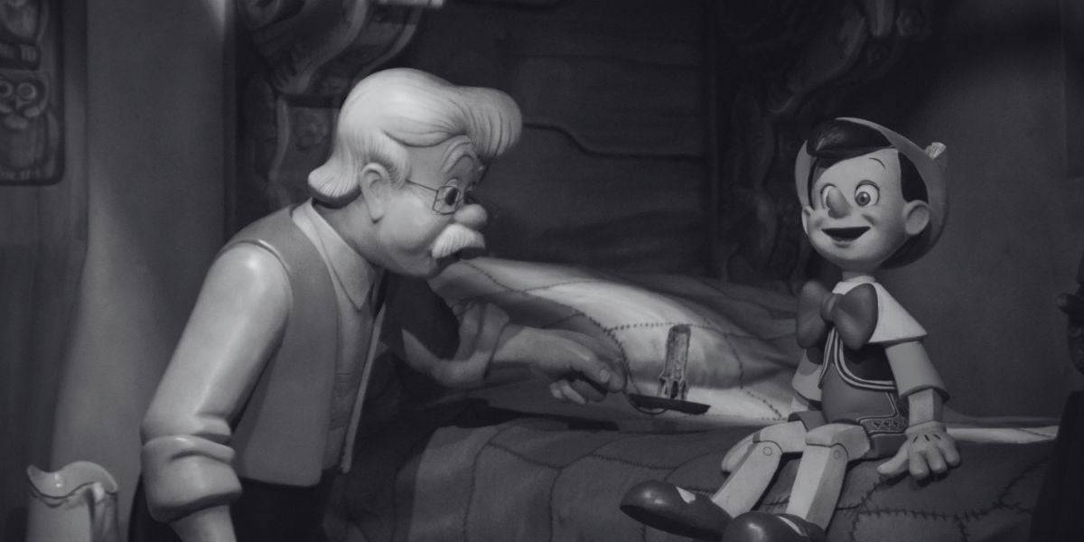 A black & white image of animatronics on Pinocchio's Daring Journey at Disneyland.