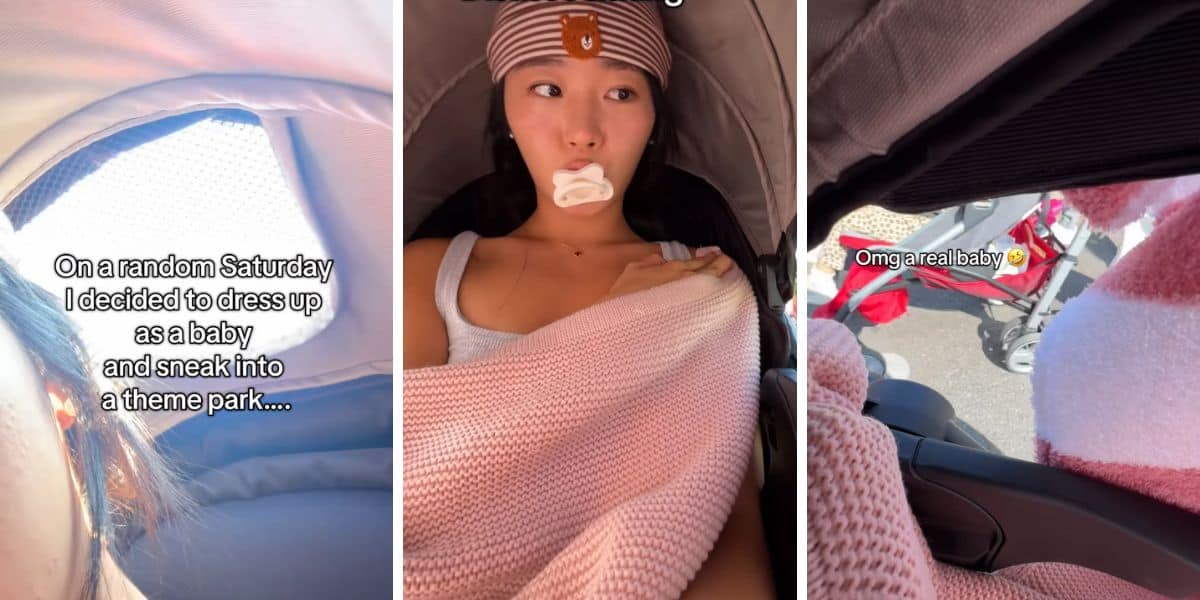 A person is dressed as a baby in a stroller, with a pacifier and beanie, sneaking into a Disney park.