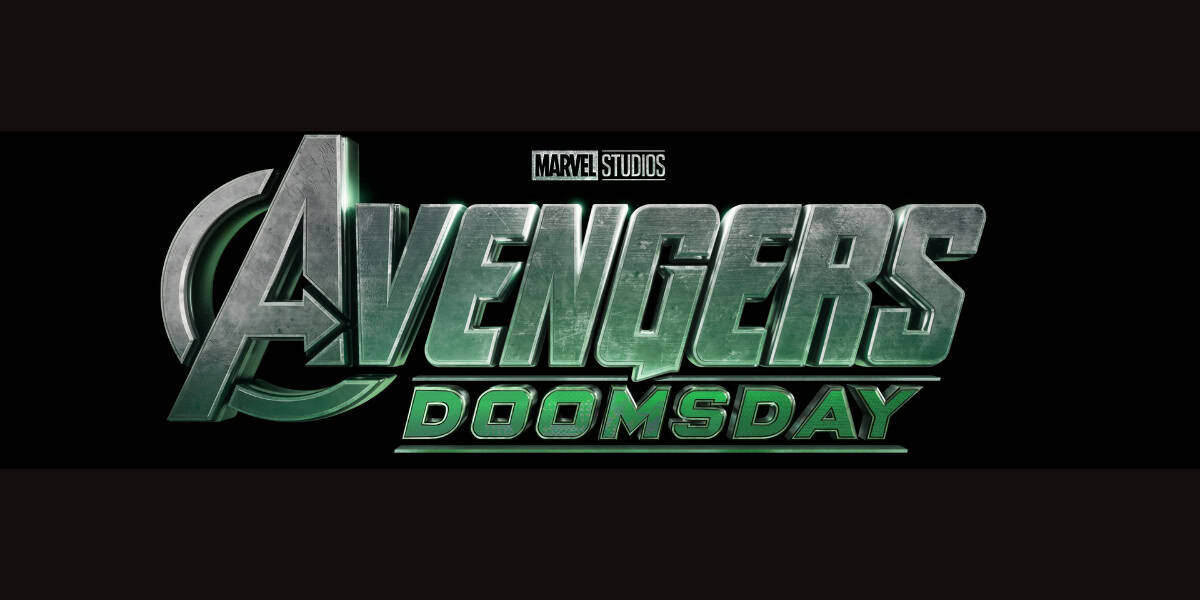 Avengers Doomsday" logo. Text is metallic and bold, with "Avengers" in large letters and "Doomsday" in a smaller font below it. "Marvel Studios" is placed above "Avengers" in small text. The black background gives it a sleek MCU look, reminiscent of Blade's dark aesthetic.