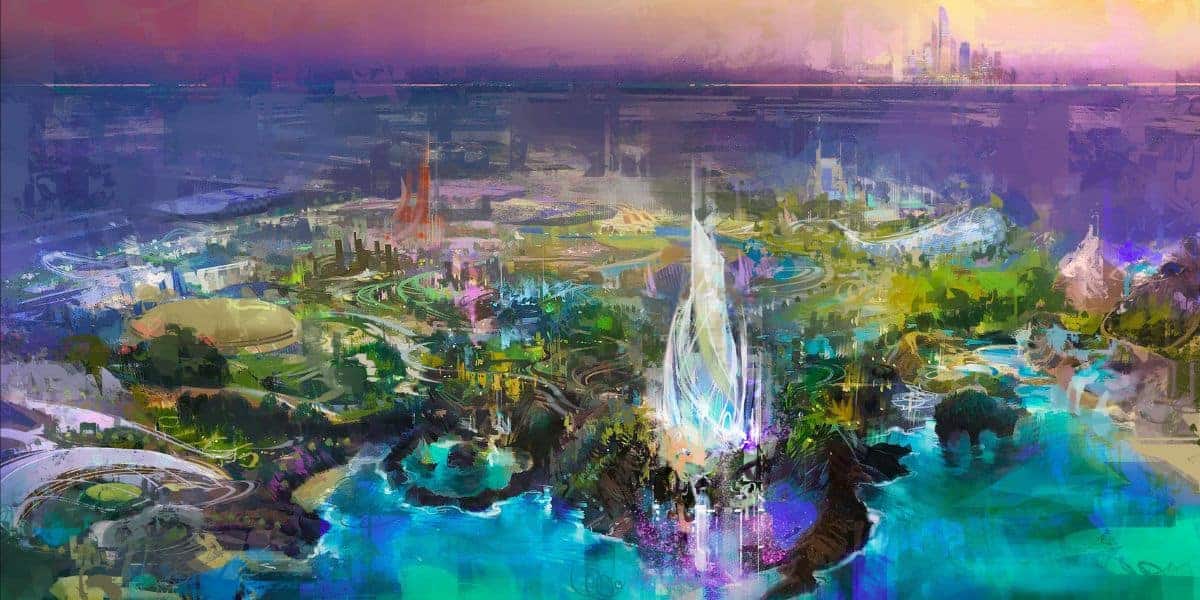A vibrant, futuristic cityscape seen from above, featuring glowing, colorful buildings, lush greenery, winding roads, and bright lights near a body of water, with a large, illuminated tower at the center.