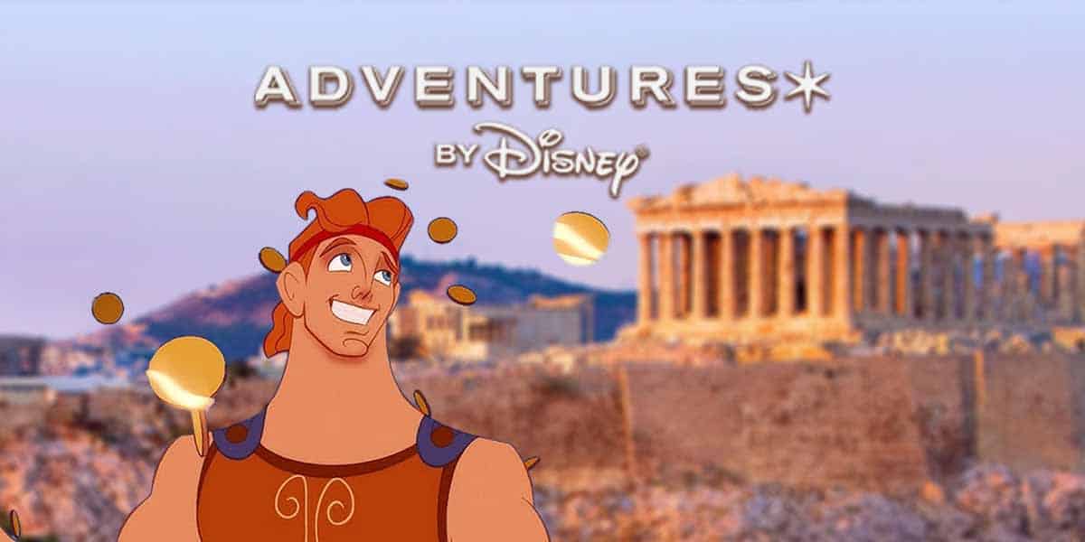 Animated Hercules smiles in front of the Parthenon in Athens, Greece, with gold coins floating around. The text above reads "Adventures* by Disney." The background shows ancient Greek ruins under a clear sky.
