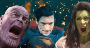 Split image: L, Thanos screaming in 'Infinity War', Middle, David Corenswet in 'Superman' (2025), and She-Hulk screaming in 'She-Hulk'