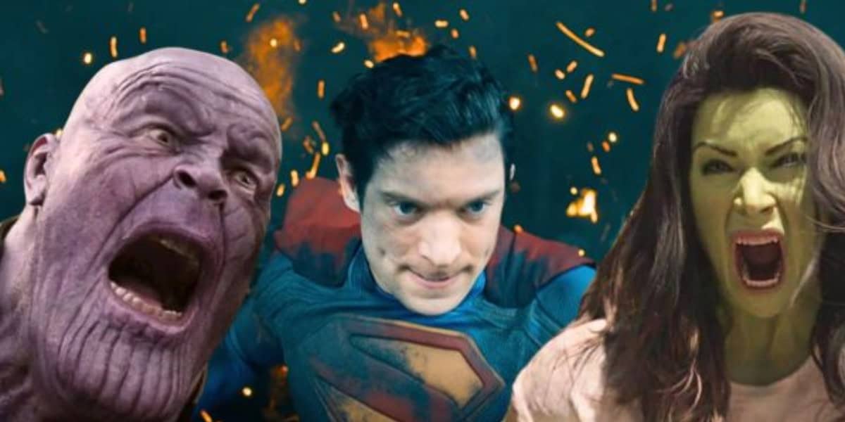Split image: L, Thanos screaming in 'Infinity War', Middle, David Corenswet in 'Superman' (2025), and She-Hulk screaming in 'She-Hulk'