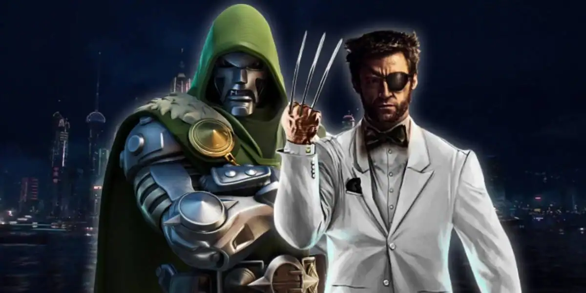Doctor Doom in green armor and hood stands beside Wolverine, who is wearing a white suit, black bow tie, and eye patch, with claws extended against a city night skyline.