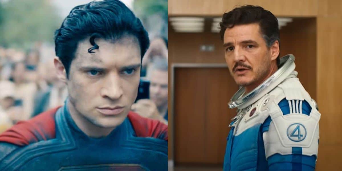 Split image: (L) David Corenswet as Superman (R) Pedro Pascal in 'Fantastic Four' (2025)