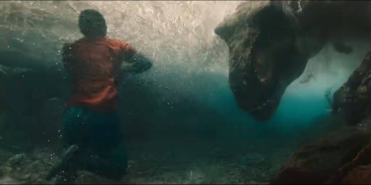 The T-Rex during the river scene in 'Jurassic World Rebirth'