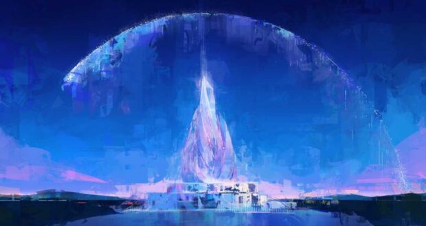 A glowing, futuristic blue and purple tower rises under a translucent dome against a night sky, with light reflecting on water below, creating a surreal, sci-fi atmosphere.