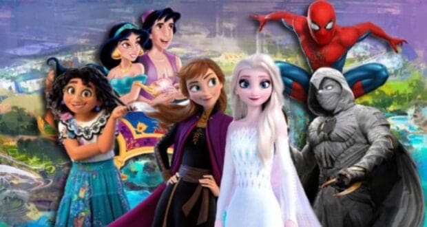 A group of popular Disney and Marvel characters, including Mirabel from Encanto, Jasmine and Aladdin on a magic carpet, Anna and Elsa from Frozen, Spider-Man, and Moon Knight, pose together at the vibrant Disney park Abu Dhabi.