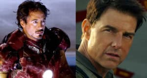 A split image showing someone in a red and gold armored suit on the left, and someone with short dark hair looking serious on the right.