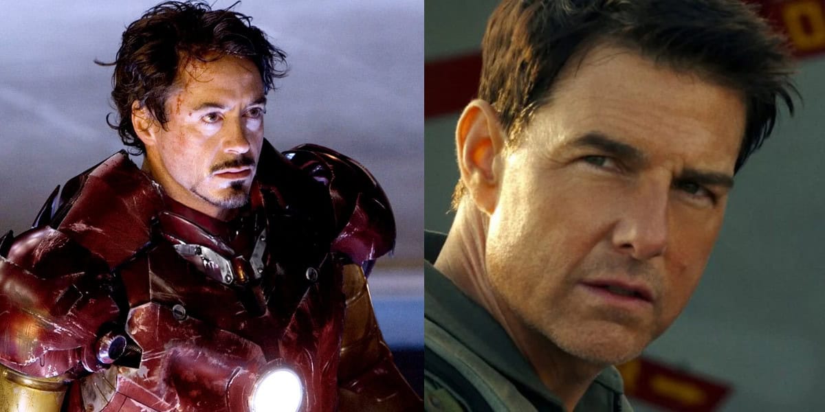 A split image showing someone in a red and gold armored suit on the left, and someone with short dark hair looking serious on the right.