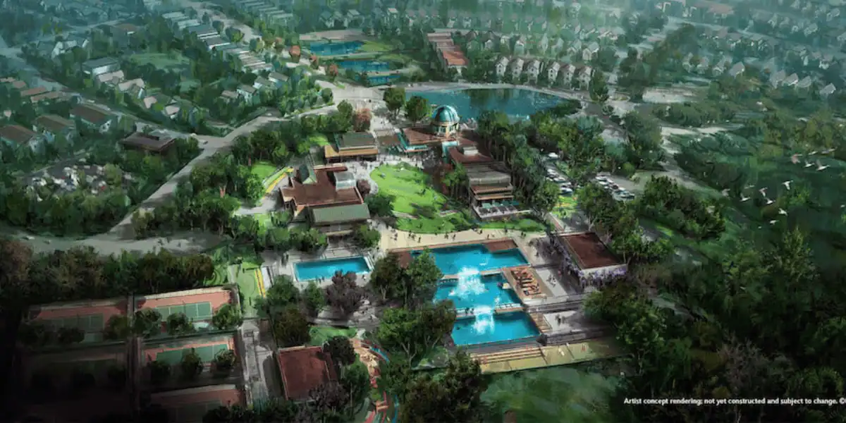 Aerial artistic rendering of a large recreational complex with pools, tennis courts, green spaces, and surrounding residential buildings amid trees and water features.