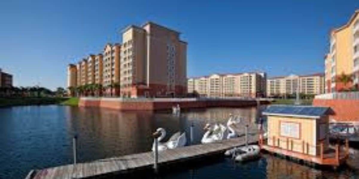 A dock with swan-shaped paddle boats extends over a calm lake, with several large multi-story apartment buildings and a clear blue sky in the background.