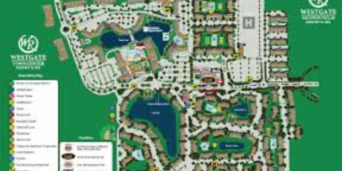 Map of Westgate Town Center Resort, showing various buildings, amenities, roads, trails, parking areas, lakes, and a legend with color-coded sections for different resort facilities and services.