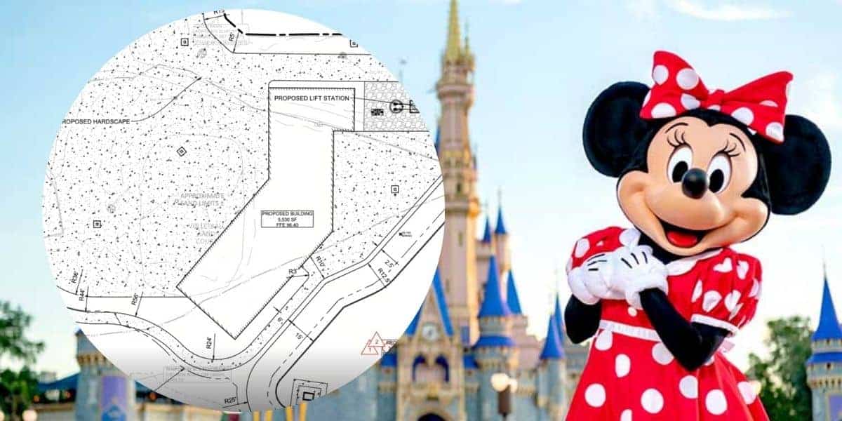 A map layout with construction markings, hinting at the Fort Wilderness Mystery project and possibly another pool, is overlaid on an image of Minnie Mouse posing in front of a castle at a Disney theme park.