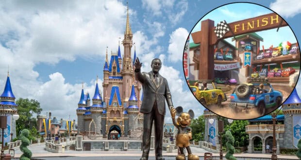 A statue of Walt Disney and Mickey Mouse stands in front of Cinderella Castle at Magic Kingdom. An inset shows a cartoon race car finish line with animated cars celebrating.