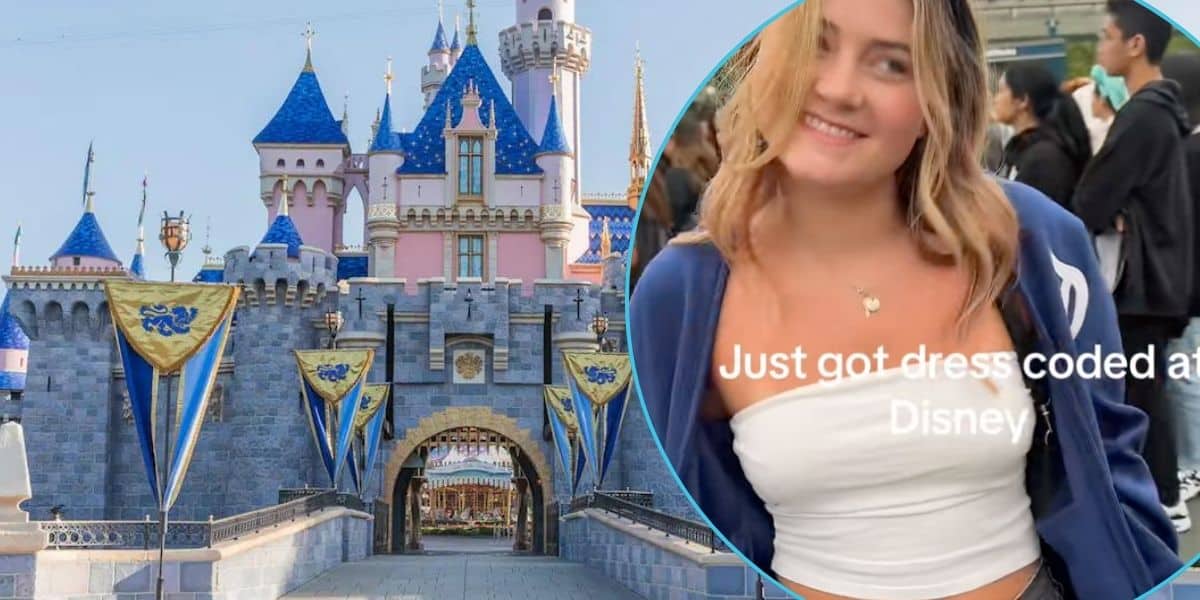 A woman in a white tube top that violated the Disney Dress code next to Sleeping Beauty Castle