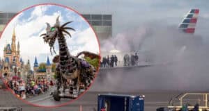 A smoky airport scene with people near a plane, overlaid with a circular image of a Disney parade featuring a large dragon float and spectators in front of a castle.
