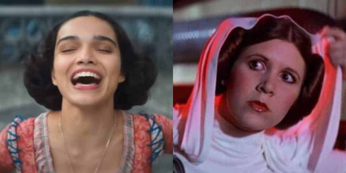 A split image shows two women: on the left, Rachel Zegler as Snow White; on the right, Carrie Fisher as Princess Leia in 'Star Wars'