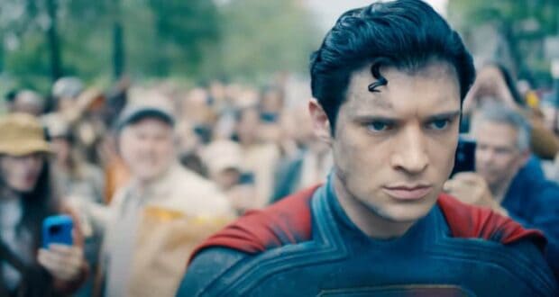 Superman (David Corenswet) with a crowd of people