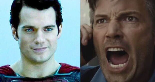 Split image: Henry Cavill smiling as Superman on the left, Ben Affleck screaming as Bruce Wayne on the right