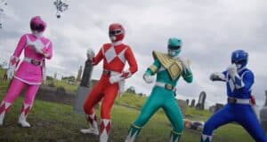 (L to R) Pink Ranger, Red Ranger, Green Ranger, and Blue Ranger in 'Mighty Morphin Power Rangers: Once and Always'