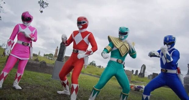 (L to R) Pink Ranger, Red Ranger, Green Ranger, and Blue Ranger in 'Mighty Morphin Power Rangers: Once and Always'